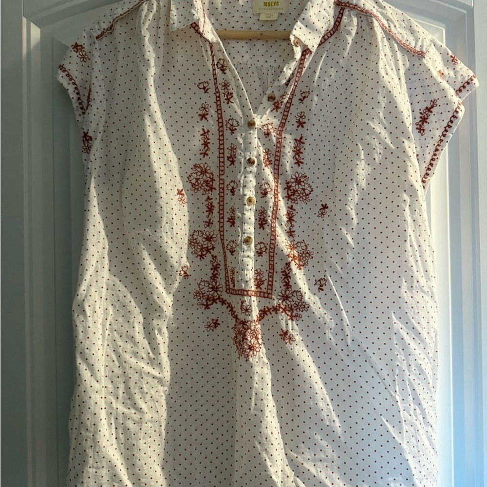 Maeve Anthropologie polka dot tunic top white red large